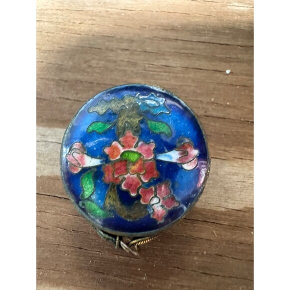 Antique Cloisonné Floral Enamel Trinket Box With Blue Interior & Brass Hinges - Picture 2 of 6